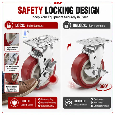 Heavy Duty Caster Wheels Set Of Four With Six Inch PVC Treads showing locking mechanism for stable and secure use.