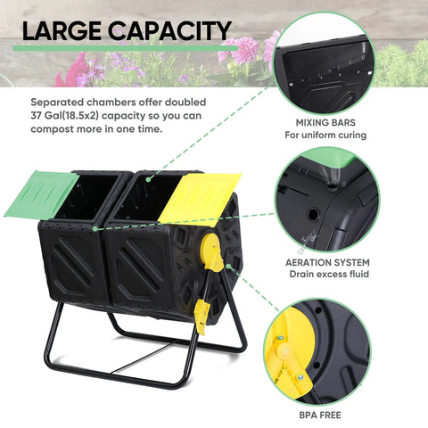 Rotating Compost Tumbler Bin With Dual Chamber And Sliding Doors All Season Heavy Duty Outdoor Garden Yard Compost Bin with large capacity and BPA-free design.