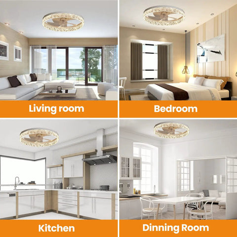 Dope 20 Inch Remote Flush Mount Bladeless Ceiling Fan showing installation in living room, bedroom, kitchen, and dining room.