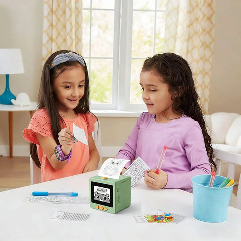 Two children using Portable AI Voice Sticker Printer With Bright HD Display, drawing stickers at a table.