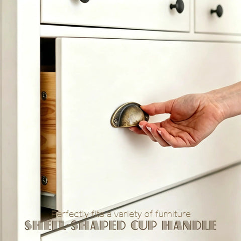 A hand reaching for Six Pack Copper Shell Drawer Pulls Vintage Cup Style Furniture Hardware Solid Metal Cabinet Handles For Kitchen Refresh.