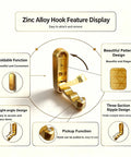 Zinc Alloy Folding Wall Hook Feature Display highlighting foldable function and elegant gold design, perfect for coats and bags.