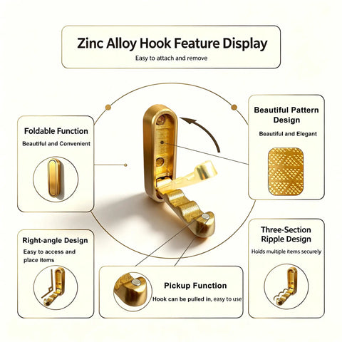 Zinc Alloy Folding Wall Hook Feature Display highlighting foldable function and elegant gold design, perfect for coats and bags.