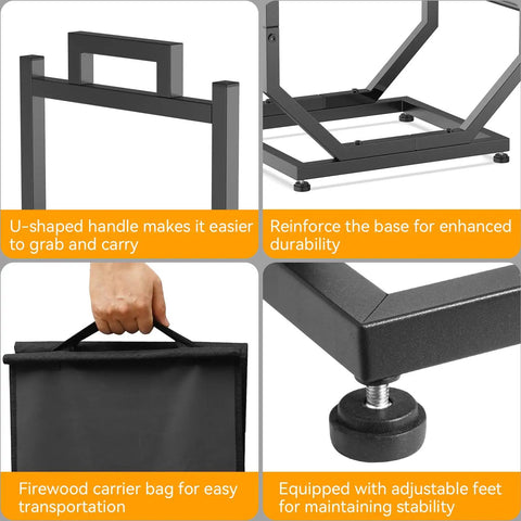 Close-up of Heavy Duty Firewood Rack for Indoor Outdoor Use with thickened metal construction, reinforced base, adjustable feet, and carry bag.
