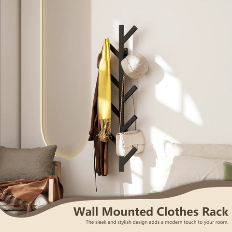 Wall Mounted Metal Coat Rack With Nine Hooks, Modern Minimalist Upright Coat Tree for hanging coats, hats, and bags on a wall.