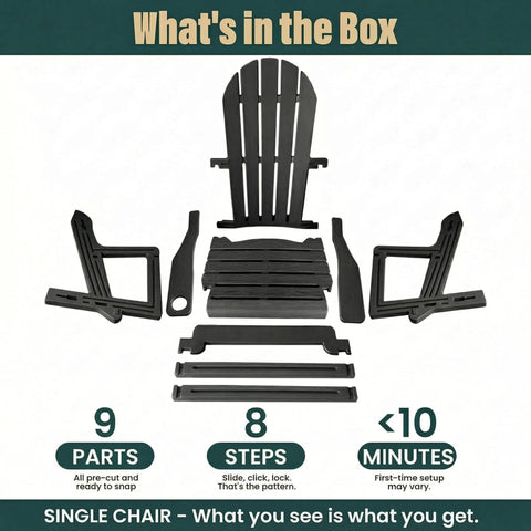 All Weather HDPE Adirondack Chair With Built In Cup Holder Tool Free No Screws Needed No Hassle Easy To Take Apart For Storage Wood Grain Slatted Look Snap Fit Design For Quick Assembly Classic Black Outdoor Patio Chair parts layout