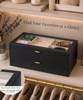 Premium Two Tier Black Belt Organizer With Spacious Drawer For Bedroom Closets To Keep Your Threads And Bling Neatly Sorted Without Stress, showing clear top and jewelry.