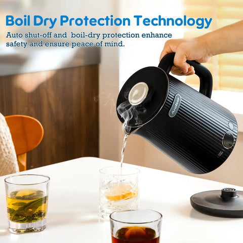 1.7L Large Electric Kettle With Temperature Control, 7 Cup Capacity pouring water, black color, visible wide spout