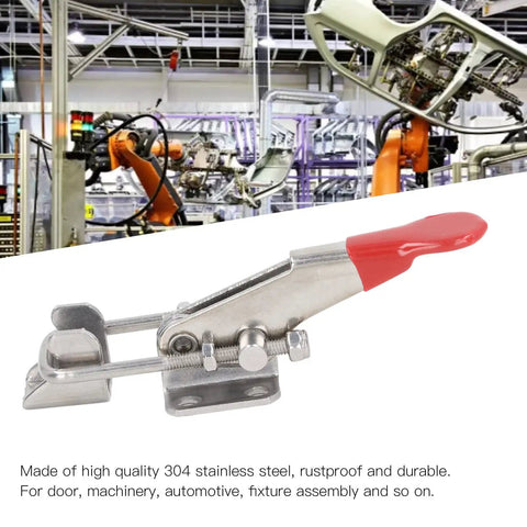 Stainless Steel Toggle Clamp Pull Latches Two Piece Set With 400lbs Capacity for doors, machinery, and woodworking, shown in factory setting.