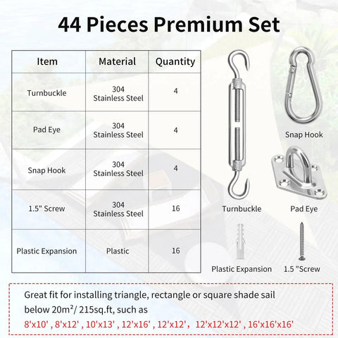 6 Inch Stainless Steel Shade Sail Hardware Kit For Rectangle And Triangle Installations Heavy Duty 304 Grade Fixings Chart