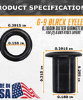 Black Coated Binding Eyelets 100 Pack Length Six To Nine Three Sixteenths Inch Diameter USA Made Rivets with dimensions
