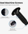 Rock Solid Boss Level Rack Mount Screws Featuring 12 24 Threads For Standard 19 Inch Eia Server Cabs And Patch Shelves In Sleek Black close-up showing precision threads.