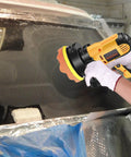 Variable Speed Buffer Polisher Kit With Removable Handle For Cars, Furniture, Floors, And Stones, Copper Motor Polisher in use.