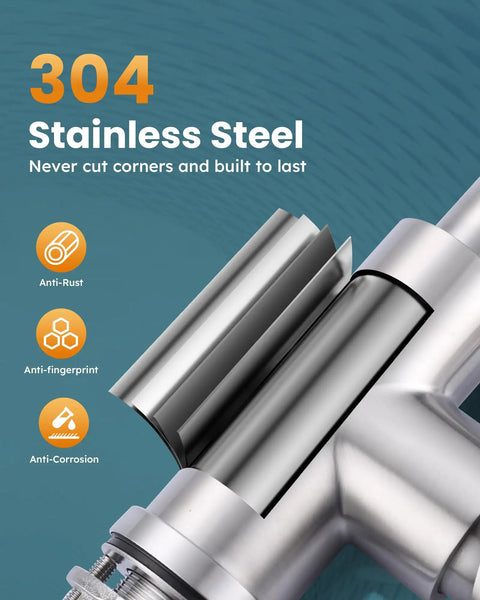 Close-up of 304 stainless steel construction on high arc single handle brushed nickel kitchen faucet, durable and lead-free.