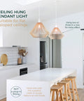 Wood Pendant Light With Adjustable Nylon Cord Modern Boho Ceiling Chandelier Basswood Frame And Oak Finish in modern kitchen.