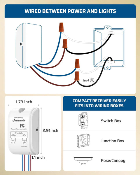 Diagram of wireless light switch kit installation with dimensions, showing receiver fitting in switch, junction, and canopy boxes.