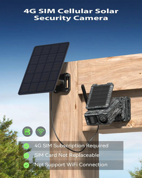 4G SIM Cellular Solar Security Camera mounted on a wooden structure, showcasing solar panel and wiring. Cellular Powered Solar Security And Trail Camera For Off Grid Sites With Built In Sim Chip Eliminates Wi Fi Fees Fresh Setup For Hunting And Yard Watch Ready To Roll.