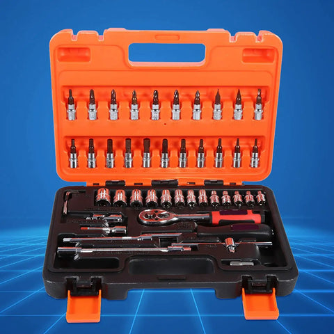 Heavy Duty 46 Piece Metric Socket Set With Heat Treated Steel And One Quarter Inch Drive In A Rugged Carry Case, open view with tools arranged.