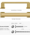 10 Pack Top Shelf Brushed Gold Cabinet Pulls With 96 mm Hole Center Heavy Duty Zinc Alloy Drawer Handles For Kitchen Cabinets Dressers And Wardrobes Sleek Hardware Choice showing dimensions and screws included.