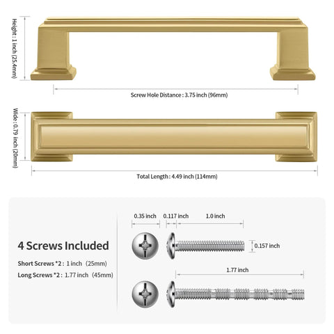 10 Pack Top Shelf Brushed Gold Cabinet Pulls With 96 mm Hole Center Heavy Duty Zinc Alloy Drawer Handles For Kitchen Cabinets Dressers And Wardrobes Sleek Hardware Choice showing dimensions and screws included.