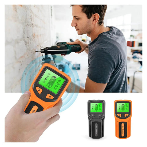 Slick 5 In 1 Wall Scanner And Metal Detector With Live Wire And Wood Stud Finder For Home Reno Or Treasure Hunting No Hassle Electric Box Locator Game Changer in use by a person mounting a wall.
