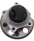 Rock Solid Rear Wheel Bearing And Hub Assembly Knockout Direct Fit close-up view of sensor, stainless steel and plastic parts, undercarriage replacement