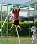 Children playing on backyard swing set with monkey bars, belt swing, platform swing, climbing net, trapeze bar, durable steel frame.