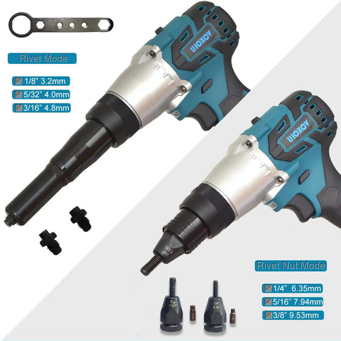 Heavy Duty Cordless Electric Rivet Nut Gun Kit For Installing Pop Rivets And Hex Insert Nuts Quick As A Wink With Dual Batteries showing various nozzles.