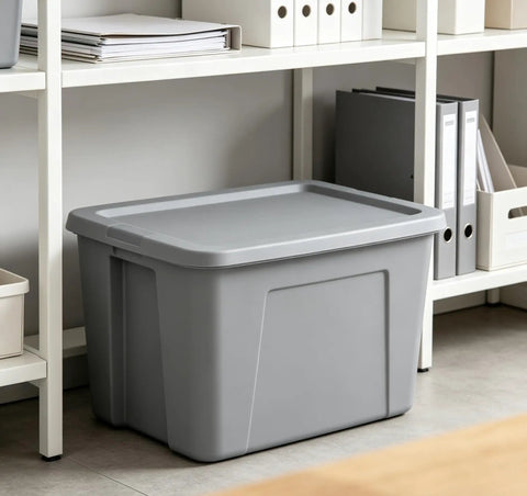 Kickass 30 Gallon Heavy Duty Plastic Storage Bin With Secure Snap Lid For Garage Organization Seasonal Gear Sorting And Everyday Essentials In Matte Gray Finish placed on a shelf.