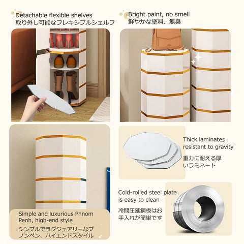 Slick Black Rotating Shoe Rack Corner Organizer With Smooth Lazy Susan Turntable Design For Tight Spaces shows flexible shelves and sleek design.