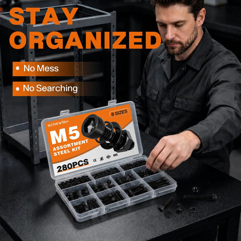 Top Shelf M5 Socket Head Cap Screw Assortment Kit, 280 Piece Metric Fastener Set with organized screws in transparent case.