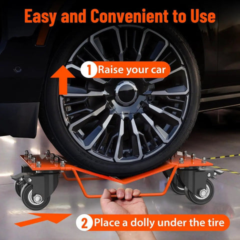 Heavy Duty Car Wheel Dolly Set, 4 Pack Noodle Free Rolling Plates under a vehicle tire for easy maneuvering.