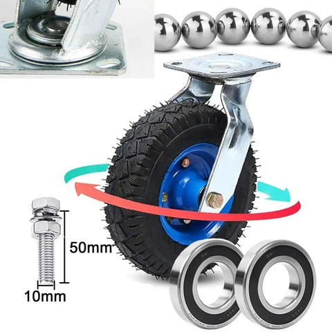 Heavy Duty Swivel Caster Wheels With Inflatable Rubber Tires Smooth Rolling Industrial Cart Casters Built Badass For Heavy Lifting 10 Inch Pneumatic Wheels And Swivel Brake 2 Pack with detailed components like bolts and bearings.