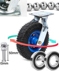 Heavy Duty Swivel Caster Wheels Roll Out Smooth With Inflatable Rubber Tires For Industrial Transport Carts And Mobile Worktables Includes Fixed Braked Setups Top Shelf Two Pack Eight Inch Diameter with rubber tire and bearing components.