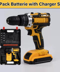 Heavy Duty Brushless Cordless Drill Driver With Copper Motor, Adjustable Torque And Stepless Variable Speed Trigger For No Nonsense Job Site Performance in battery and charger set.