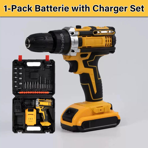Heavy Duty Rechargeable Cordless Power Drill Packing A Slick Brushless Motor With Turbo Torque Control And Smooth Variable Speed Trigger Ready To Handle Every Tough Job Without Breaking A Sweat with battery and charger set.