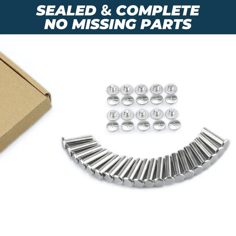Heavy Duty Rock Solid Chicago Binding Screws M5 X 20mm Cross Head 304 Stainless Steel 18 8 Hardware Kit For Leather Goods Photo Albums Scrapbooking And Bookbinding No Sweat Assembly displayed in a complete set.