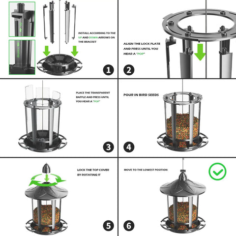 Step-by-step assembly guide for Two Pack Outdoor Hanging Bird Feeders With Quick One Minute Setup And Charming Castle Design