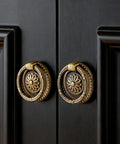 Antique Brass Ring Pulls Set Of 30 Solid Brass Cabinet Knobs And Drawer Handles on black cabinet, Vintage European Style