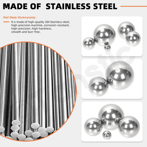 300 Piece Precision 304 Stainless Steel Bearing Balls Assortment 12 Size Set for Bicycles and Motorcycles, showing shiny bearing balls and rods.