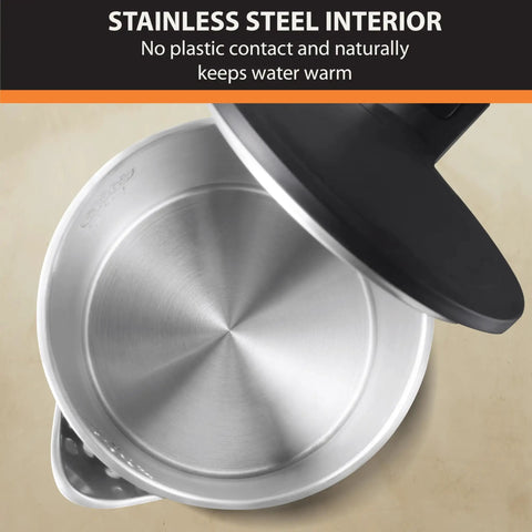1.5L Cordless Electric Kettle With Cool Touch Exterior And Stainless Steel Interior Boils One Cup In 80 Seconds Double Wall Construction Auto Off Keep Warm Quick Boil Black White showing stainless steel interior close-up