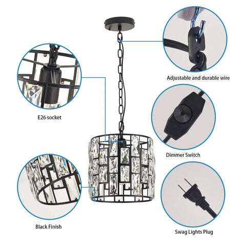 Plug In Vintage Crystal Pendant Light With Chain, Black Metal Frame, Dimmable K9 Crystal Beams, 16.4 Ft Cord, features details