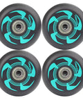 90A Inline Skate Wheels Replacement Set In 72mm 76mm And 80mm With Bearings, four black and turquoise wheels for roller blades.