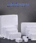 Assorted white junction boxes, including IP65 Weatherproof Outdoor Electrical Junction Box Enclosure, ABS Plastic, Dustproof And Water Resistant, with NPT cable glands