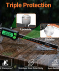 Type-C Rechargeable Digital Caliper With Stainless Steel Vernier, highlighting lockable and slidable features, on wet surface.