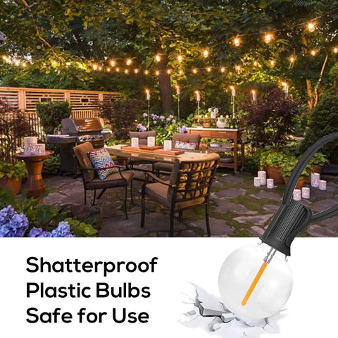 Globe Outdoor String Lights 29Ft With 15 Dimmable Plastic Bulbs Waterproof Shatterproof Patio Lights in backyard setting