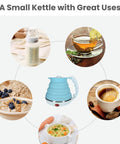 Ultra Thin Collapsible Travel Electric Kettle With Auto Shut Off And Keep Warm 110V, 555ml Food Grade Silicone, Blue, shown with various beverages and foods.