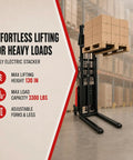 Pro Grade 3300 Lb Semi Electric Pallet Stacker Warehouse Material Lift With Push Button Power Raise And Manual Glide Mobility For No Sweat Heavy Hauling Smooth Workflow, showcasing adjustable forks and 130 inch height.