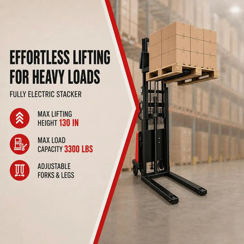Pro Grade 3300 Lb Semi Electric Pallet Stacker Warehouse Material Lift With Push Button Power Raise And Manual Glide Mobility For No Sweat Heavy Hauling Smooth Workflow, showcasing adjustable forks and 130 inch height.