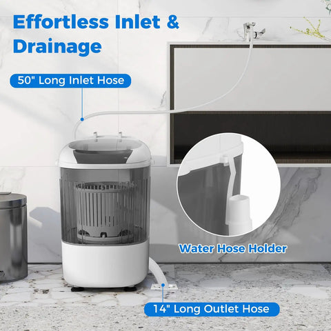 Compact Portable Washing Machine With Separate Spin Tub And Quick Drain Hose, 5.5 Lb Mini Laundry Washer For Apartments Dorms And RV Homes, Grey inlet and outlet hoses.